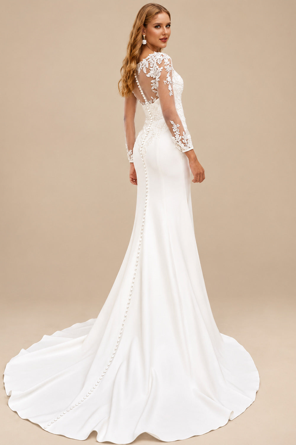 Rutipo Ivory Modest Trumpet V-Neck Semi Sheer LIlusion Long Sleeves Wedding Dresses