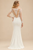 Rutipo Ivory Elegant V-Neck Long Sleeves Detachable /Elastic Satin Wedding Dresses With Appliques Lace