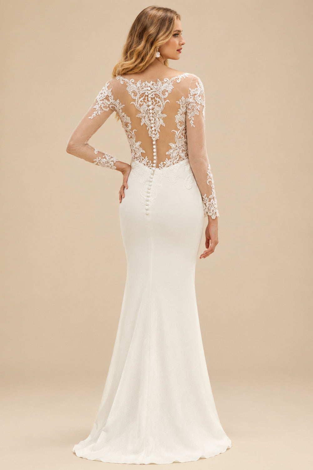 Rutipo Ivory Elegant V-Neck Long Sleeves Detachable /Elastic Satin Wedding Dresses With Appliques Lace