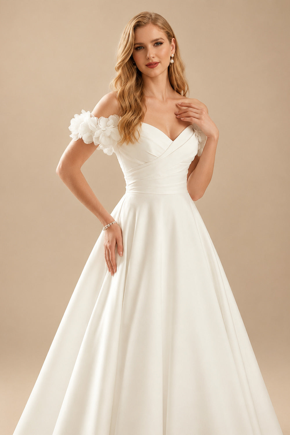Rutipo Ivory Elegant Flower(s) Off-The-Shoulder Ball-Gown Court Train Matte Satin Wedding Dresses