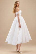 Rutipo White Classic Pleated Off-The-Shoulder A-Line Tea-Length Tulle Wedding Dresses