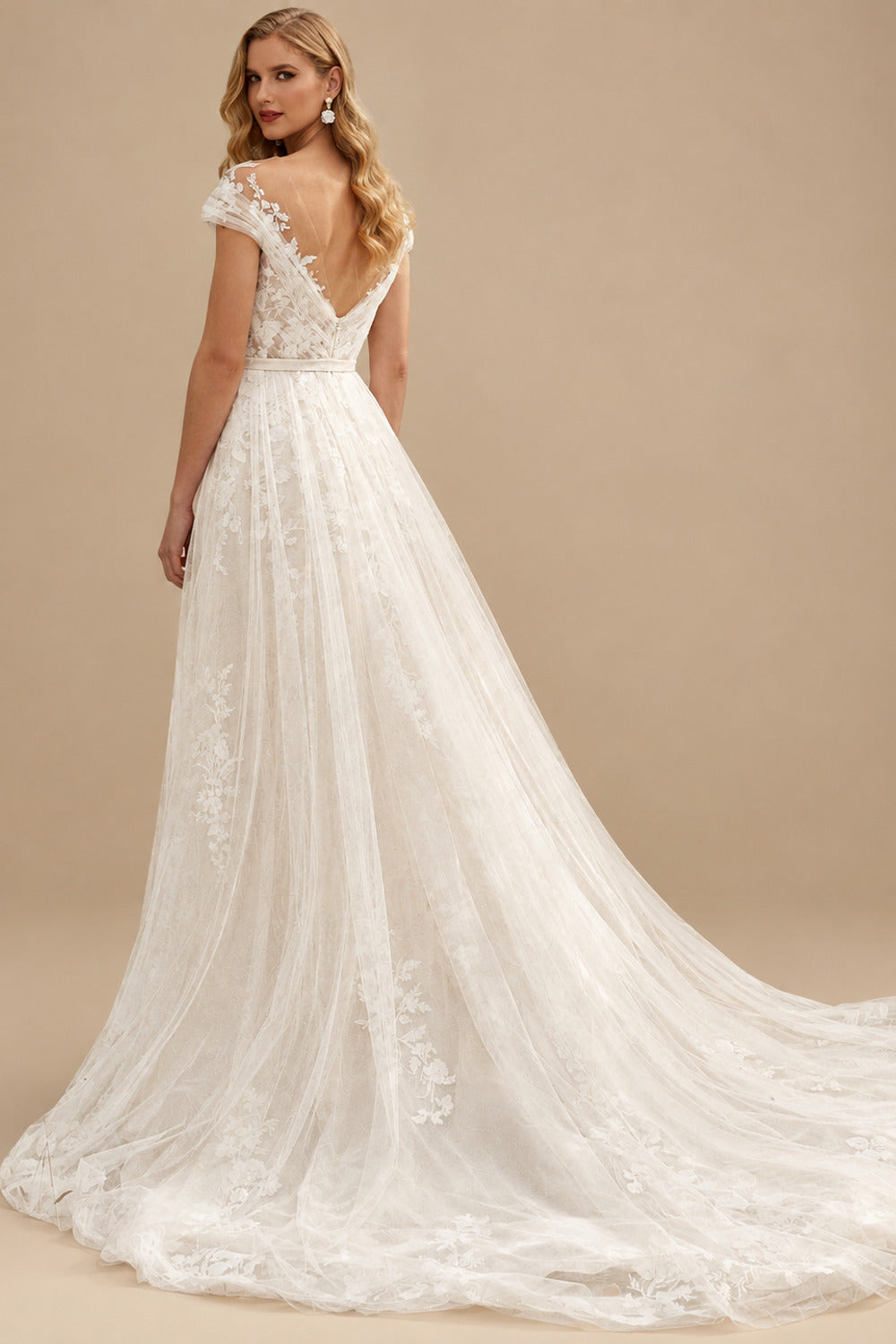 Rutipo Ivory Dreamy Illusion Neck A-Line Sweep Train Lace/Tulle Wedding Dresses