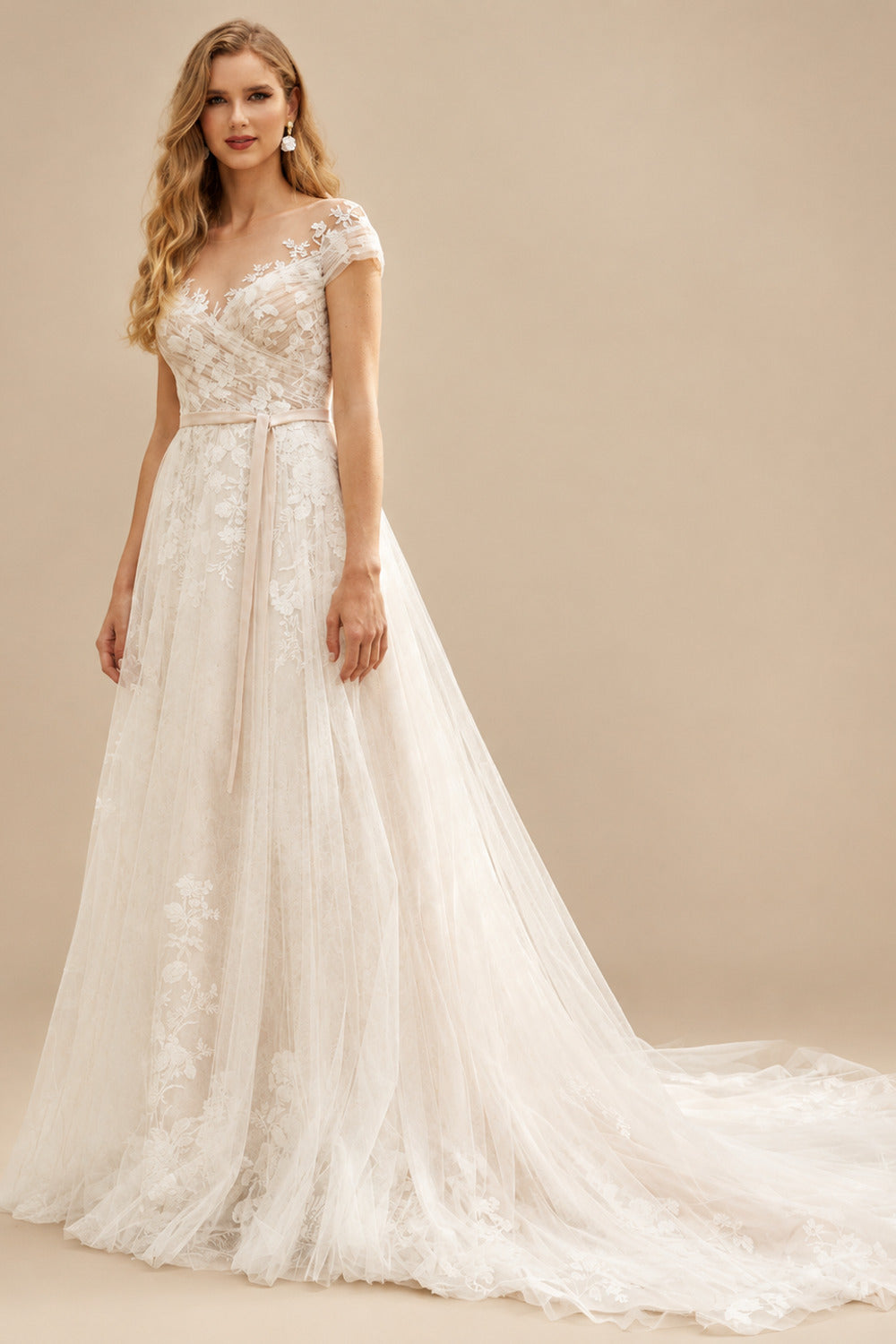 Rutipo Ivory Dreamy Illusion Neck A-Line Sweep Train Lace/Tulle Wedding Dresses