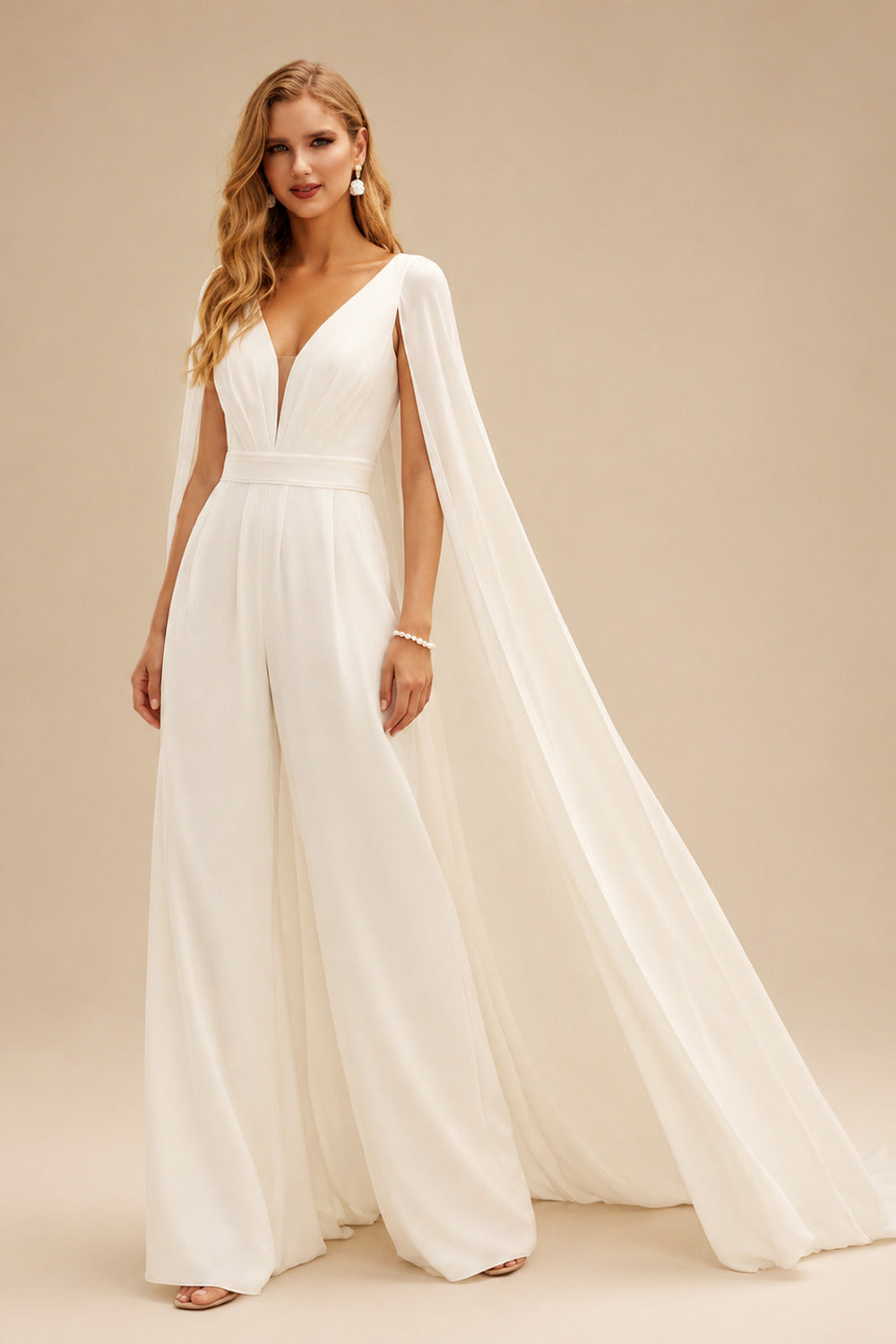 Rutipo Ivory Elegant V-Neck Cape Sleeves Sweep Train Chiffon Wedding Dresses