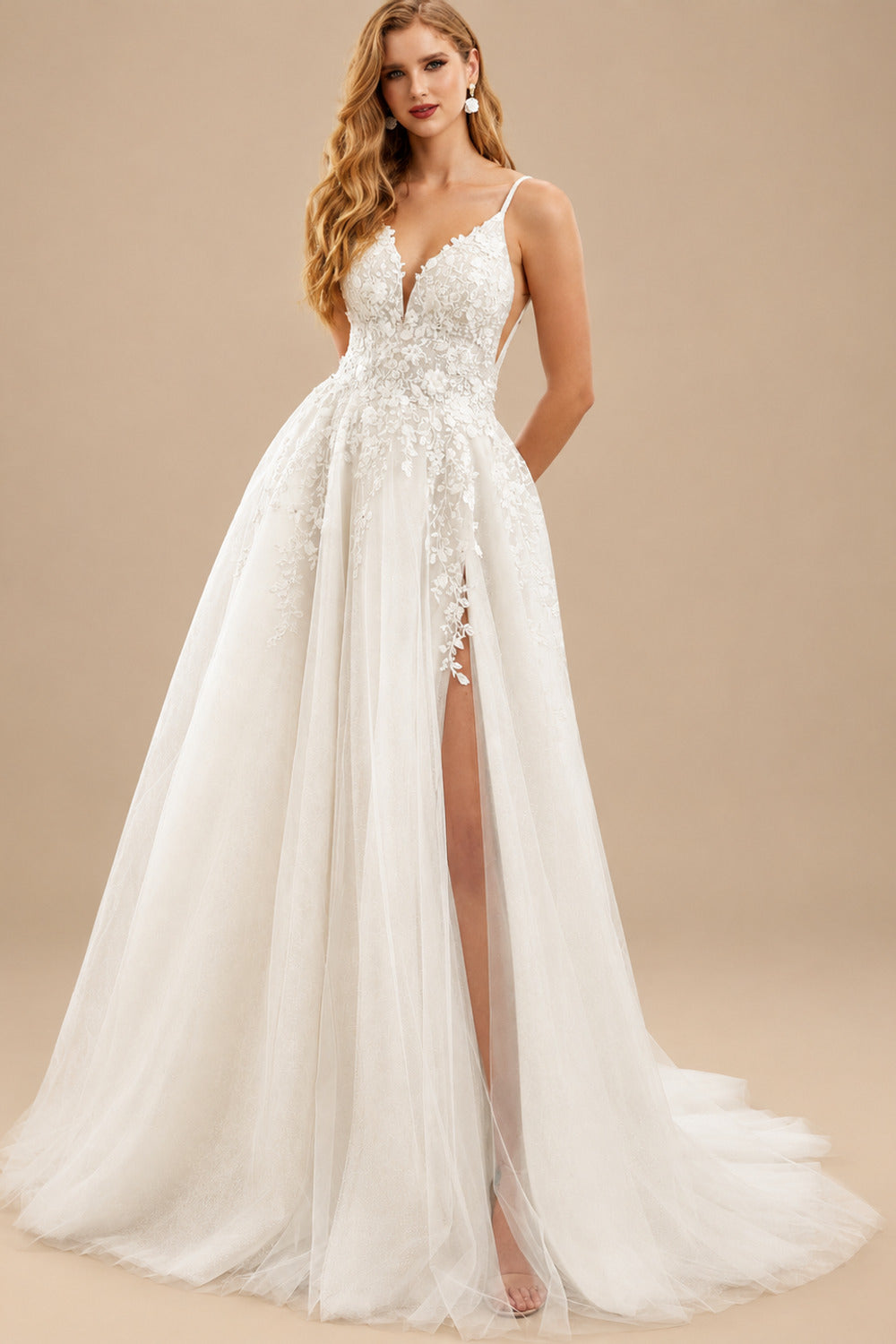 Rutipo Ivory Free-Spirited A-Line V-Neck Floral Lace Tulle Wedding Dresses With High Split