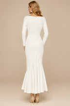 Rutipo Ivory Flattering Square Neckline Long Sleeves Mermaid Elastic Satin Wedding Dresses