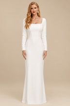 Rutipo Ivory Flattering Square Neckline Long Sleeves Mermaid Elastic Satin Wedding Dresses