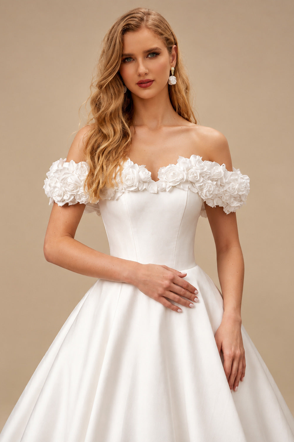 Rutipo Ivory Elegant Flower(s) Off-The-Shoulder Ball-Gown Sweep Train Satin Wedding Dresses