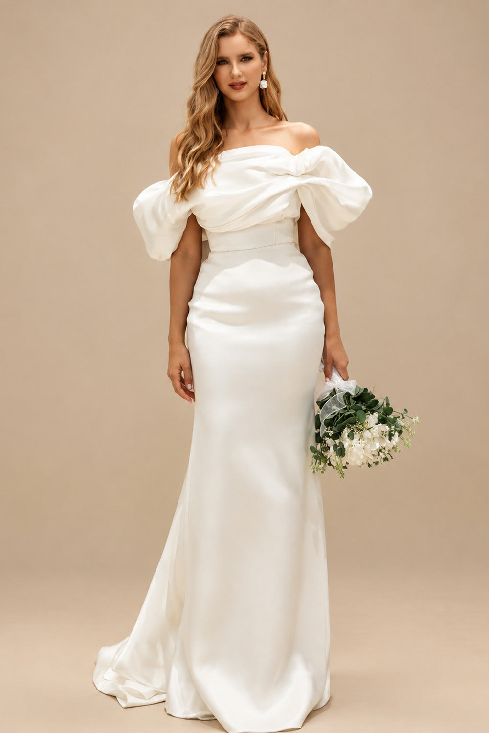Rutipo Ivory Trumpet/Mermaid Off-The-Shoulder Sleeveless Floor-Length Wedding Dresses
