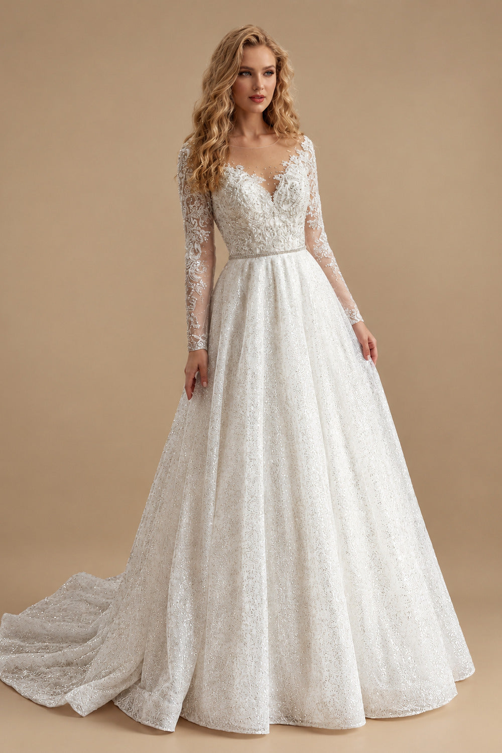 Rutipo As Picture Luxury Illusion Neck Long Sleeves Ball-Gown Detachable Satin/Tulle With Beading/Sequins