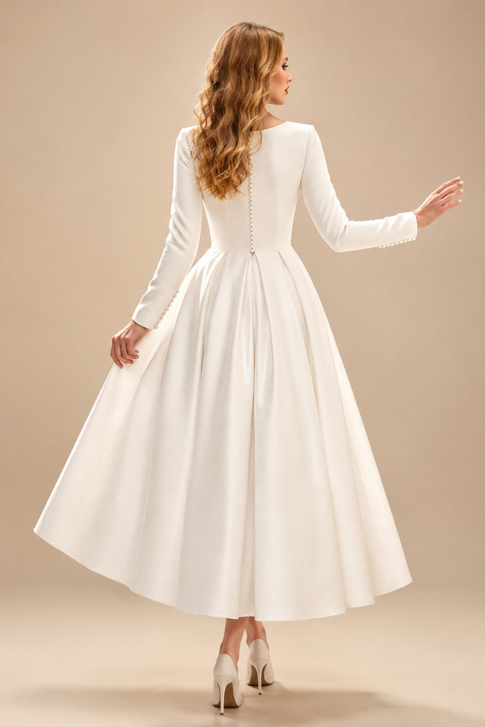 Rutipo Ivory Elegant Scoop Neck Long Sleeves A-Line Tea-Length Matte Satin Wedding Dresses