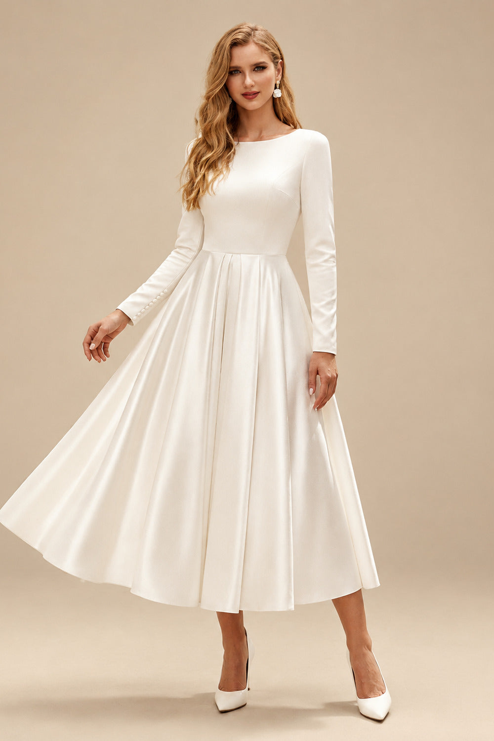 Rutipo Ivory Elegant Scoop Neck Long Sleeves A-Line Tea-Length Matte Satin Wedding Dresses