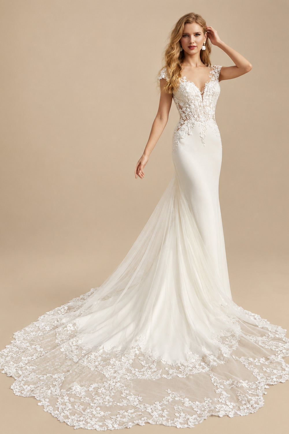 Rutipo Ivory Elegant Lace Illusion Neck Open Back Royal Chiffon/Tulle Wedding Dresses With Flower(s)