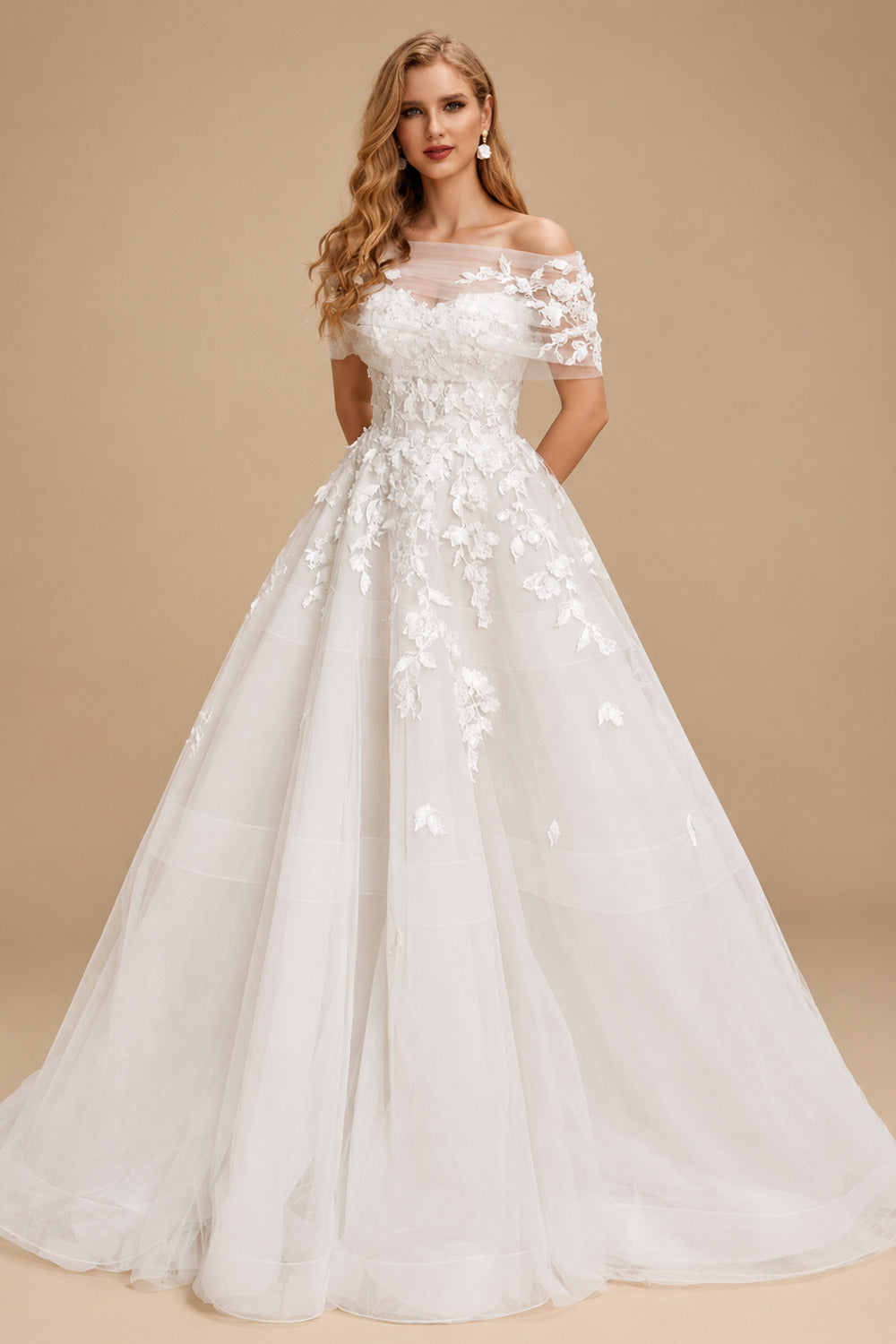 Rutipo White Elegant Sleeveless Detachable Neckline A-Line Sweep Train Lace/Tulle Wedding Dresses