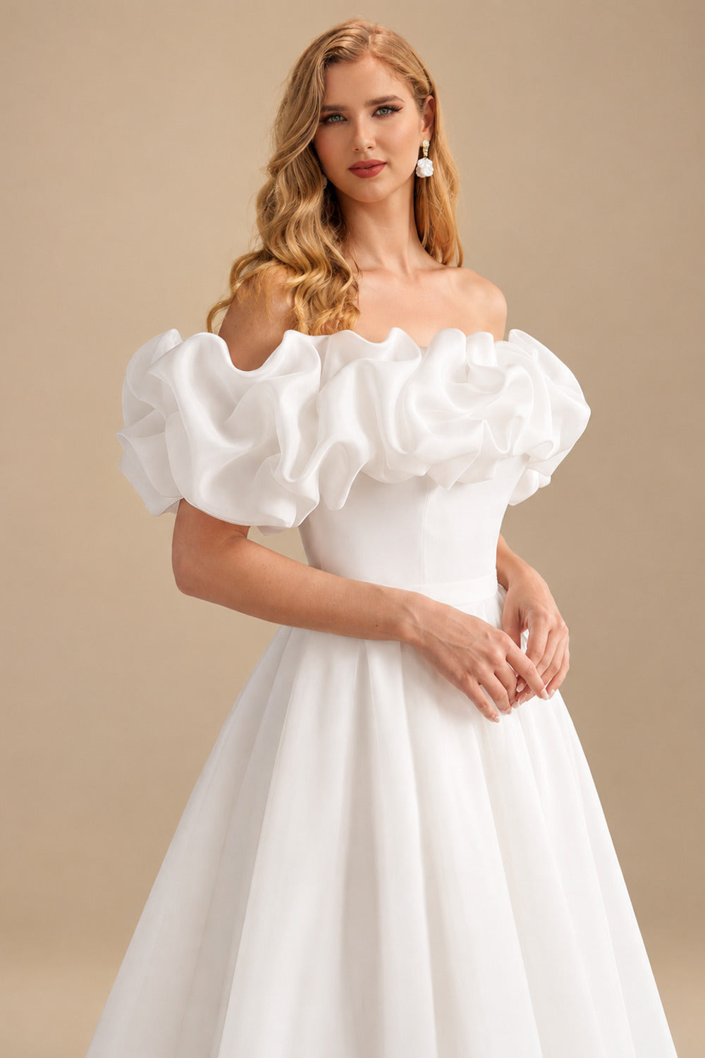 Rutipo Ivory Elegant Ruffle Off-The-Shoulder Sleeveless A-Line Ankle-Length Tulle Wedding Dresses