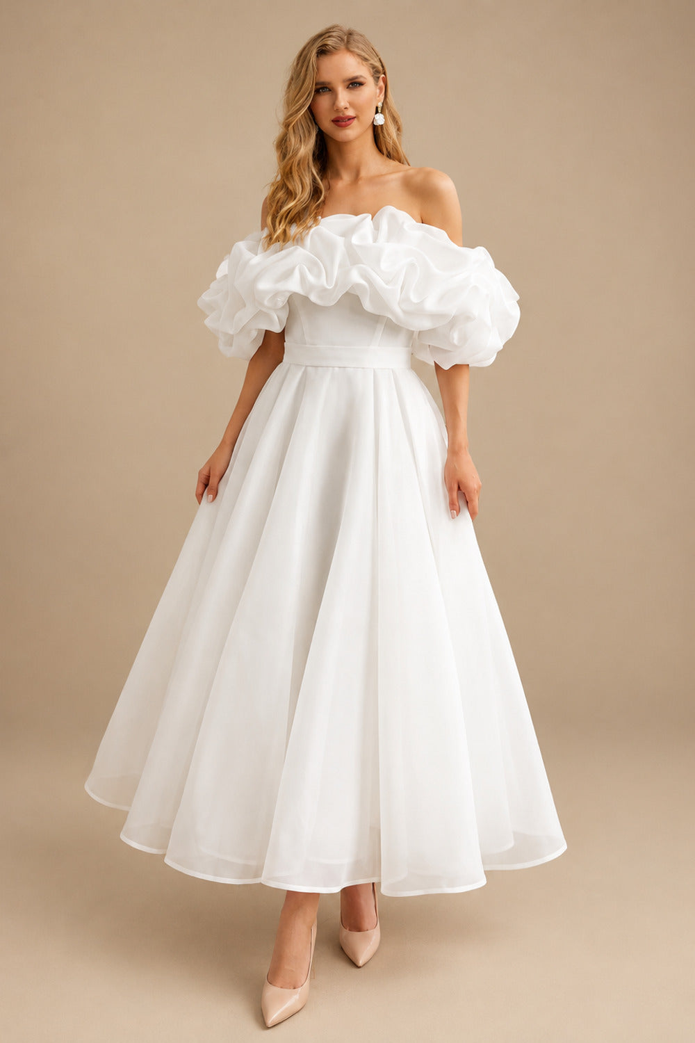 Rutipo Ivory Elegant Ruffle Off-The-Shoulder Sleeveless A-Line Ankle-Length Tulle Wedding Dresses