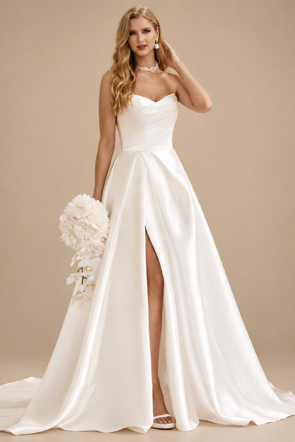 Rutipo Ivory Elegant Sweetheart A-Line Sweep Train Matte Satin Wedding Dresses With High Split