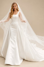 Rutipo Ivory Classy Square Neckline Mermaid Bow(s) Detachable Overskirt Matte Satin Wedding Dresses