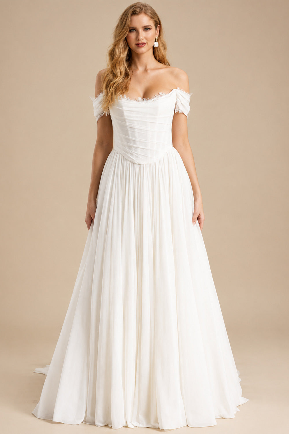 Rutipo Ivory Elegant Off-The-Shoulder Sleeveless A-Line Sweep Train Tulle Wedding Dresses With Lace