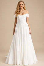 Rutipo Ivory Elegant Off-The-Shoulder Sleeveless A-Line Sweep Train Tulle Wedding Dresses With Lace