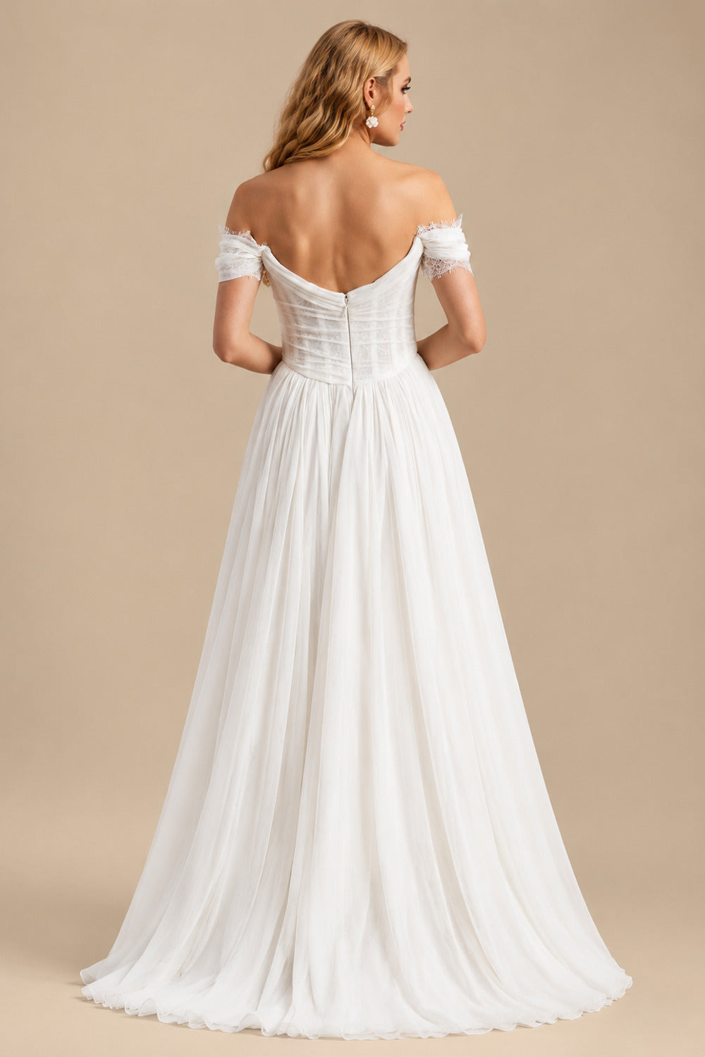 Rutipo Ivory Elegant Off-The-Shoulder Sleeveless A-Line Sweep Train Tulle Wedding Dresses With Lace