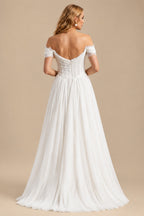 Rutipo Ivory Elegant Off-The-Shoulder Sleeveless A-Line Sweep Train Tulle Wedding Dresses With Lace