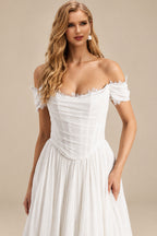 Rutipo Ivory Elegant Off-The-Shoulder Sleeveless A-Line Sweep Train Tulle Wedding Dresses With Lace