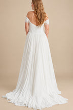Rutipo Ivory Elegant Off-The-Shoulder Sleeveless A-Line Sweep Train Tulle Wedding Dresses With Lace