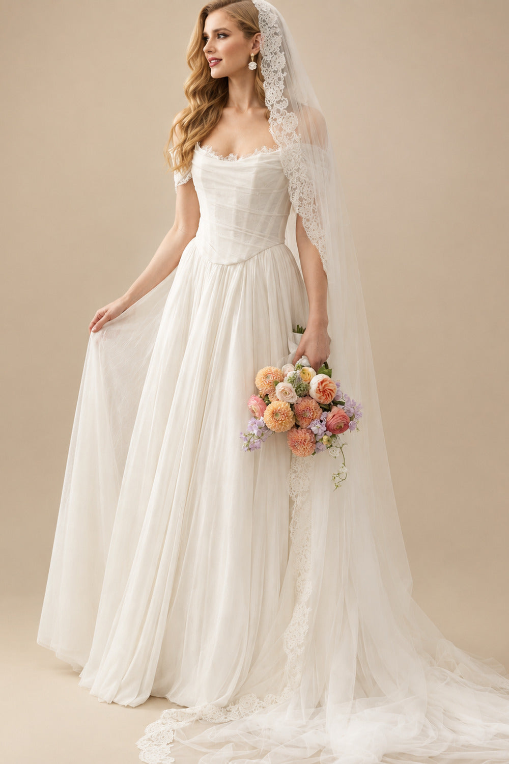 Rutipo Ivory Elegant Off-The-Shoulder Sleeveless A-Line Sweep Train Tulle Wedding Dresses With Lace