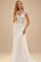 Rutipo Ivory Trumpet Mermaid Illusion Neck Sleeveless Royal Lace Tulle Elastic Satin Wedding Dresses With Flower(s)