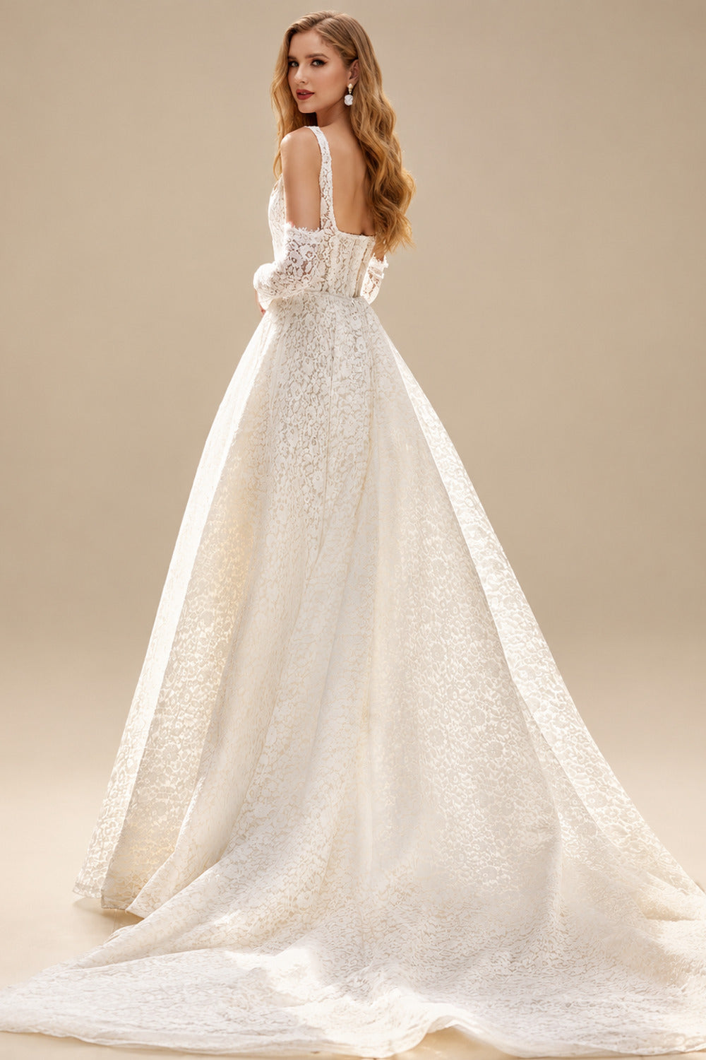 Rutipo Ivory Elegant Square Neckline Sleeveless A-Line Court Train Lace Wedding Dresses With Pockets