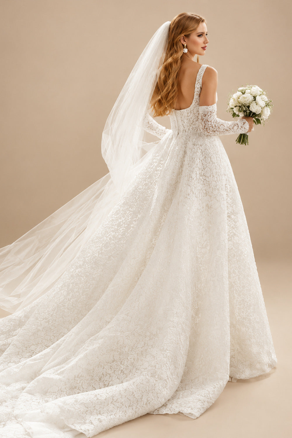 Rutipo Ivory Elegant Square Neckline Sleeveless A-Line Court Train Lace Wedding Dresses With Pockets