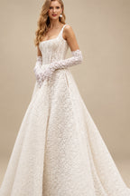 Rutipo Ivory Elegant Square Neckline Sleeveless A-Line Court Train Lace Wedding Dresses With Pockets
