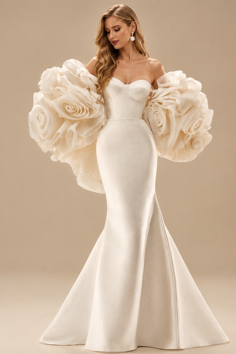 Rutipo Ivory Elegant Sweetheart Mermaid Court Train Organza Wedding Dresses With Flower(s) Wrap