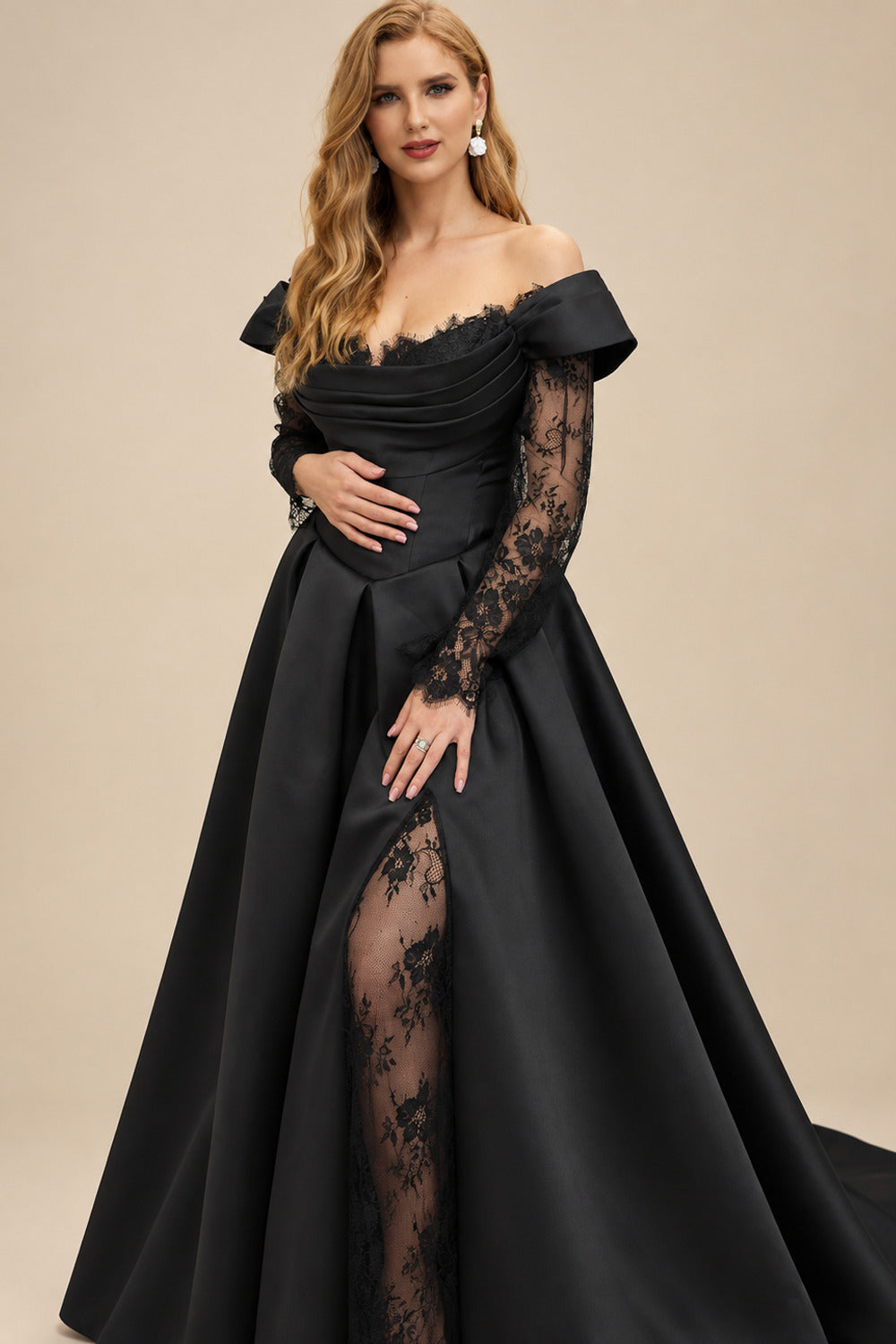 Rutipo Black Elegant Off-The-Shoulder Long Sleeves A-Line Sweep Train Satin/Lace Wedding Dresses With High Split