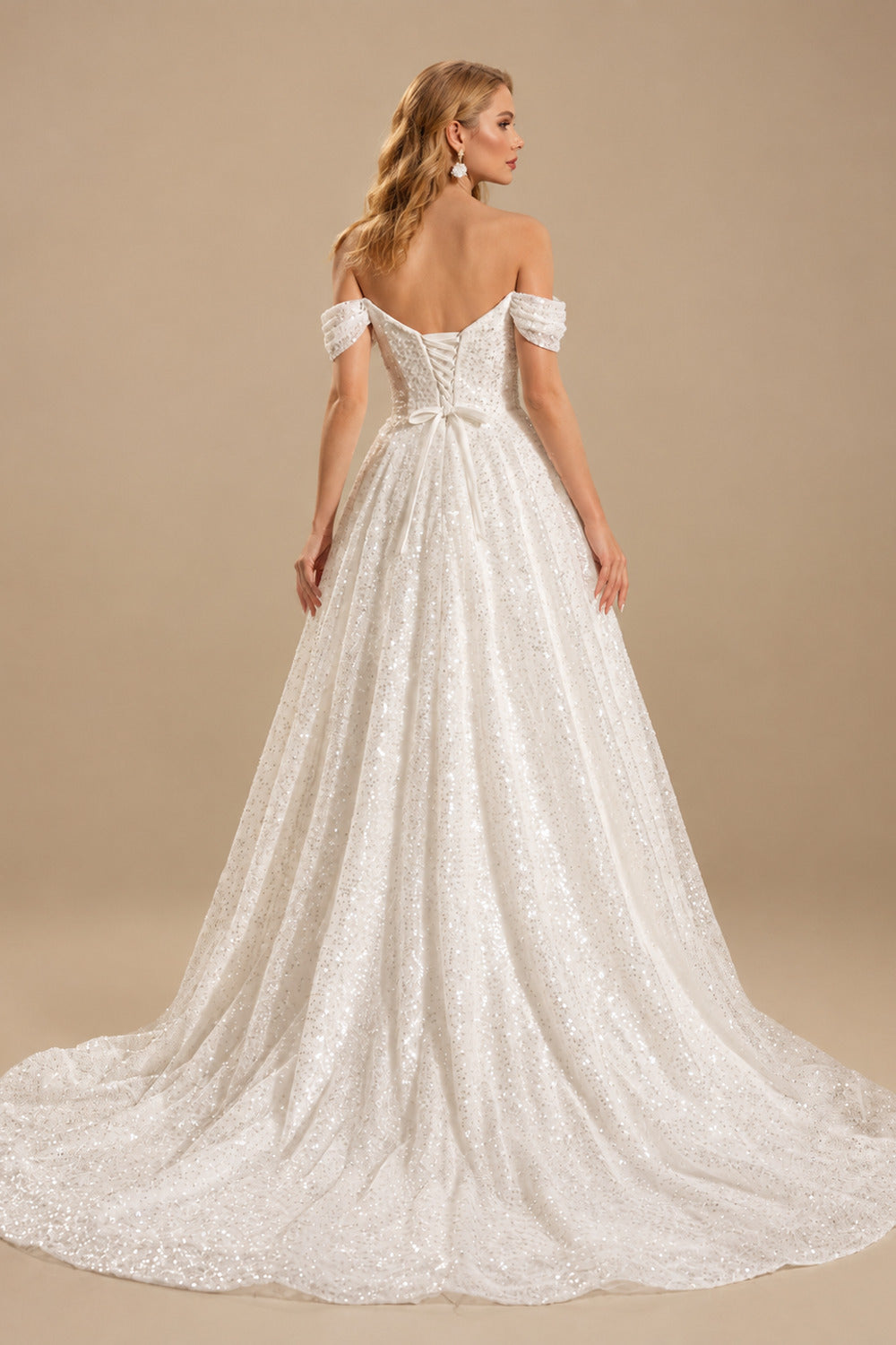Rutipo Ivory Sparkle & Shine Off-The-Shoulder Sleeveless Ball-Gown Sweep Train Sequined Wedding Dresses