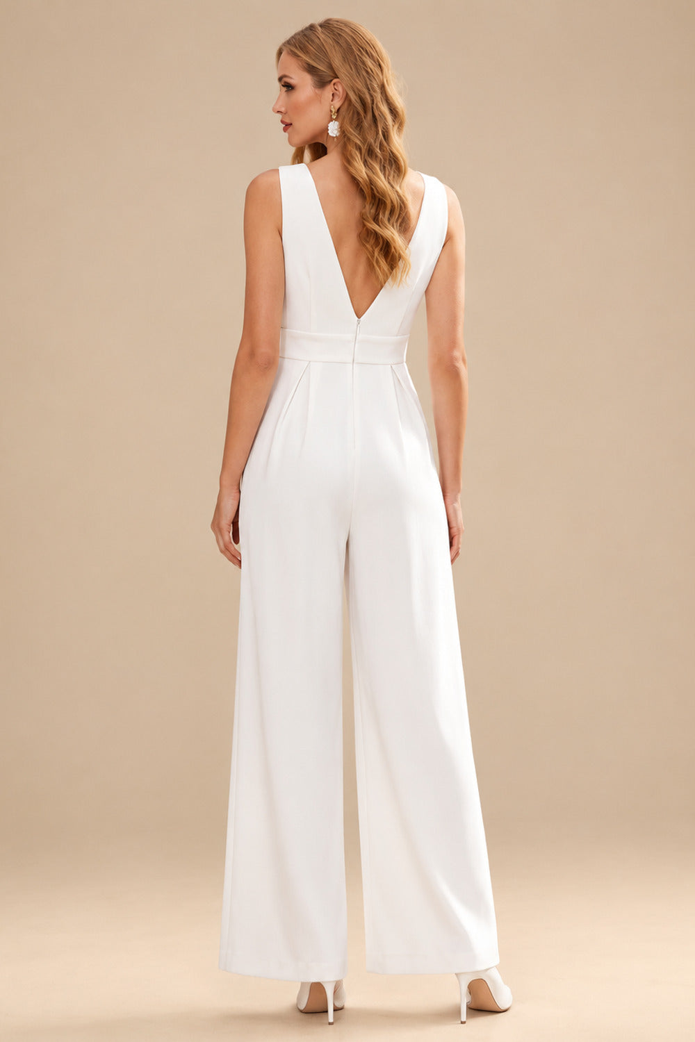Rutipo White Jumpsuit/Pantsuit Plunge Neck Sleeveless Floor-Length Elastic Satin Wedding Dresses