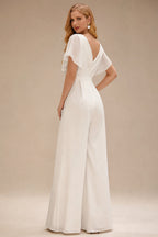 Rutipo White Jumpsuit/Pantsuit Plunge Neck Sleeveless Floor-Length Elastic Satin Wedding Dresses