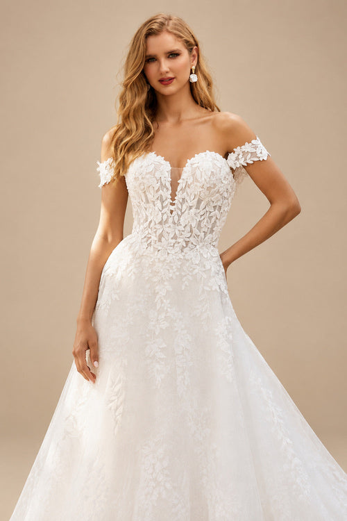 Rutipo White A-Line Off-The-Shoulder Sleeveless Court Wedding Dresses With Appliques Lace
