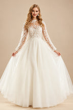 Rutipo Ivory A-Line High Neck Long Sleeves Sweep Train Wedding Dresses With Appliques Lace