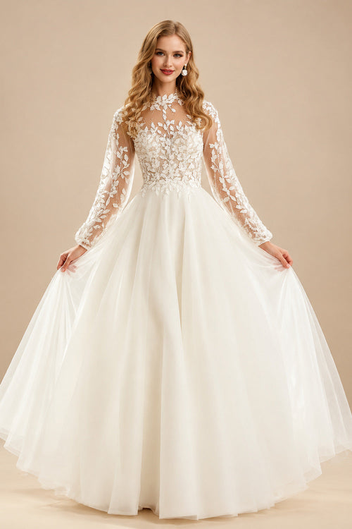 Rutipo Ivory A-Line High Neck Long Sleeves Sweep Train Wedding Dresses With Appliques Lace