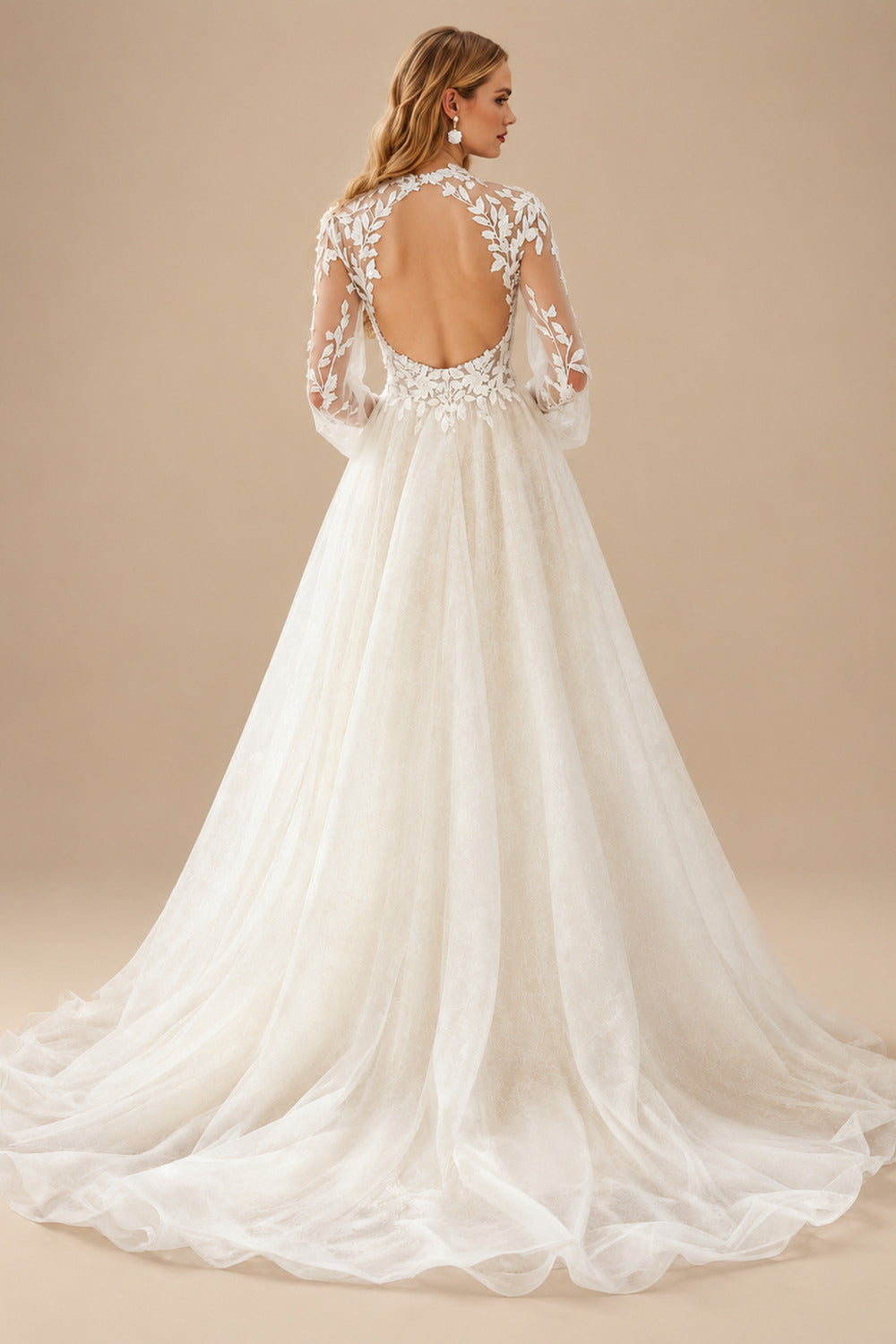 Rutipo Ivory A-Line High Neck Long Sleeves Sweep Train Wedding Dresses With Appliques Lace