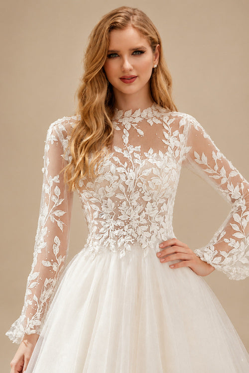 Rutipo Ivory A-Line High Neck Long Sleeves Sweep Train Wedding Dresses With Appliques Lace