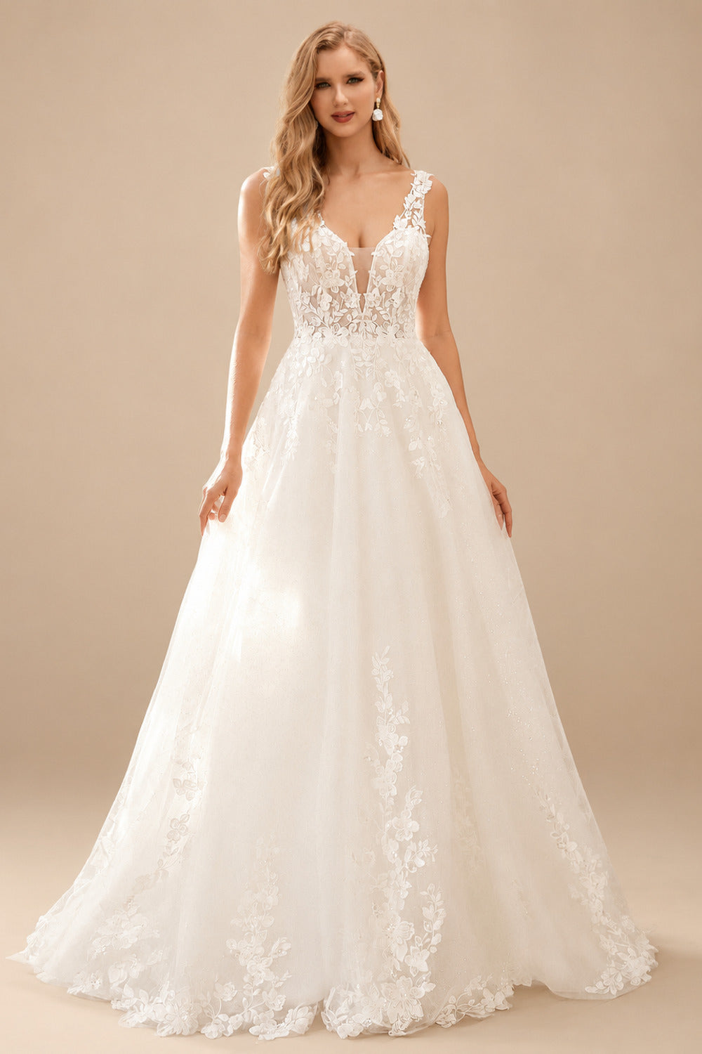 Rutipo Ivory Ball-Gown Plunge Neck Sleeveless Court Train Wedding Dresses With Appliques Lace