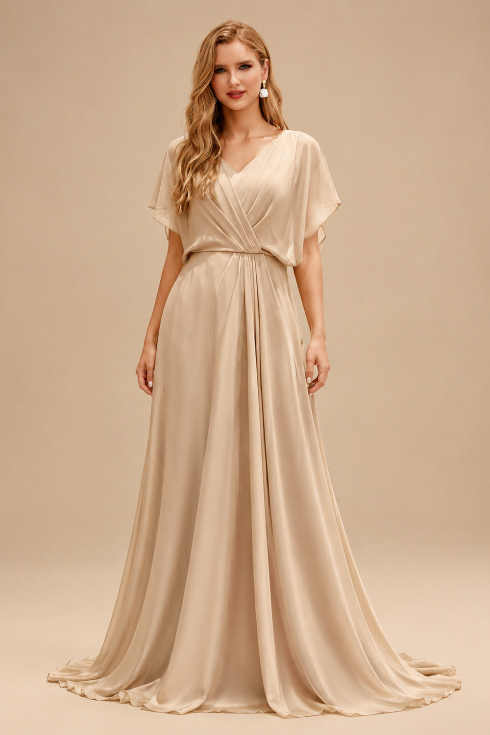 Rutipo Champagne A-Line Square Neckline Short Sleeves Court Train Matte Satin Wedding Dresses With Ruffle Beading