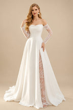 Rutipo White A-Line Sweetheart Long Sleeves Sweep Train Lace Italian Satin Wedding Dresses With Lace High Split