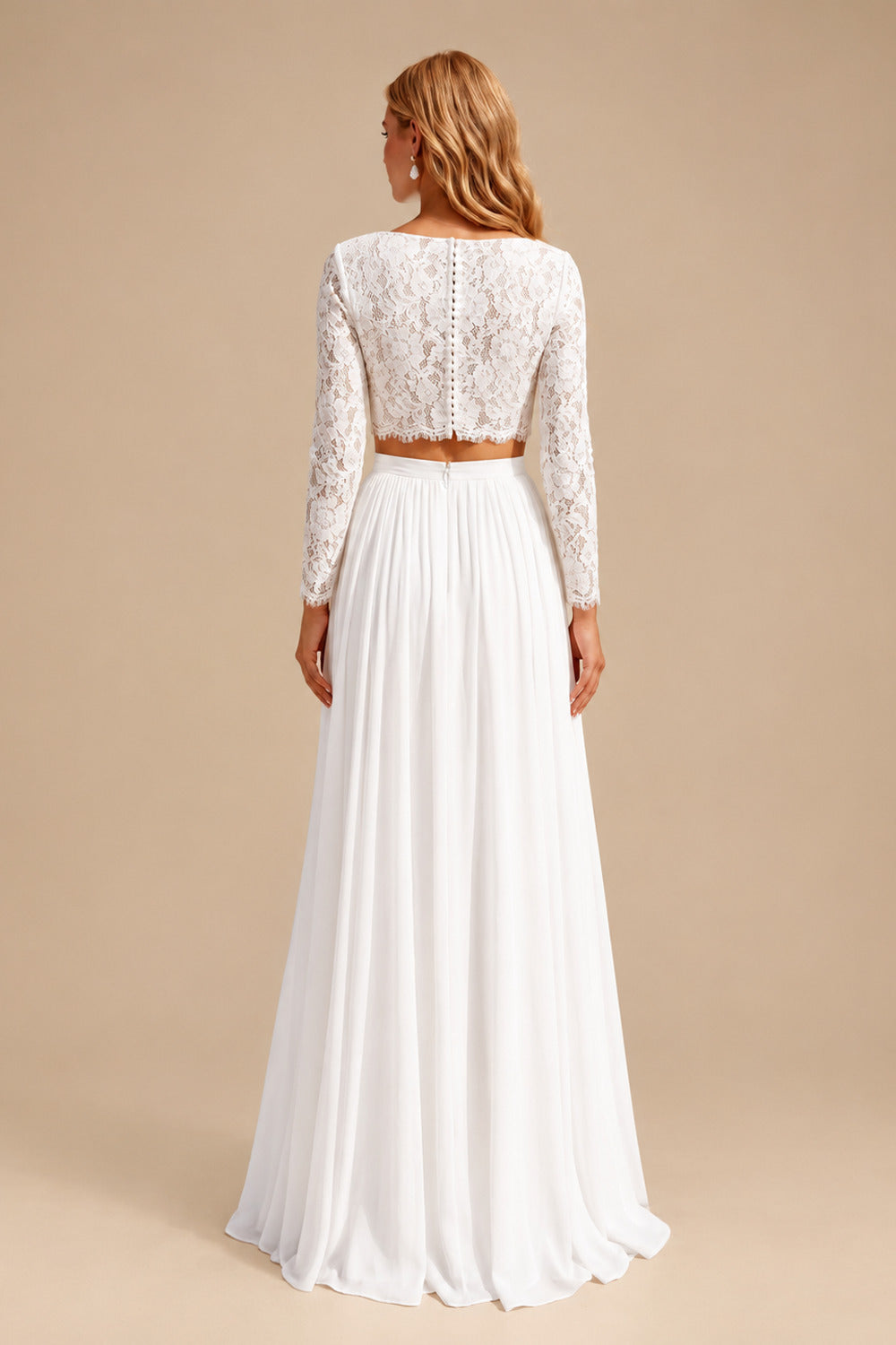 Rutipo White Elegant Scoop Neck Long Sleeves A-Line Floor-Length Chiffon/Lace Wedding Dresses