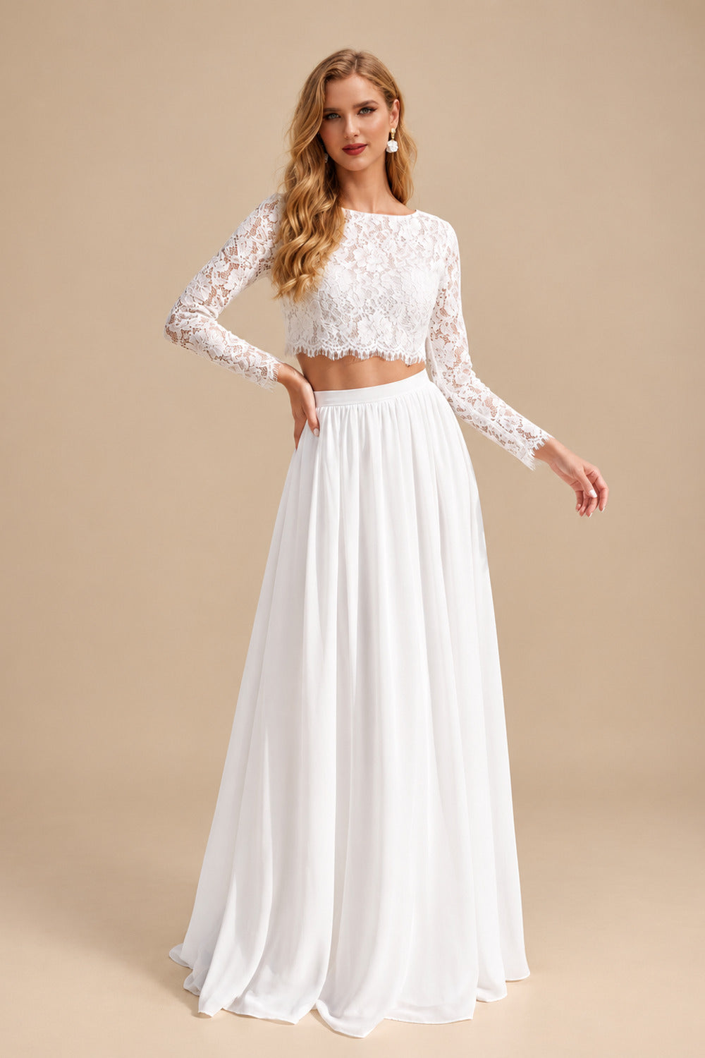 Rutipo White Elegant Scoop Neck Long Sleeves A-Line Floor-Length Chiffon/Lace Wedding Dresses