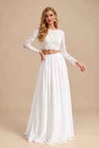 Rutipo White Elegant Scoop Neck Long Sleeves A-Line Floor-Length Chiffon/Lace Wedding Dresses