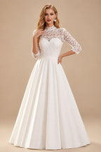 Rutipo White Ball-Gown High Neck 3/4 Sleeves Court Train Chiffon Lace Satin Wedding Dresses With Appliques Lace